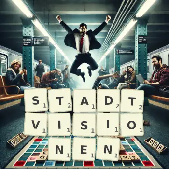 Kreative Illustration für ein Scrabble-Spiel, bei dem das Wort STADTVISIONEN mit Steinen auf dem Brett gelegt wurde.