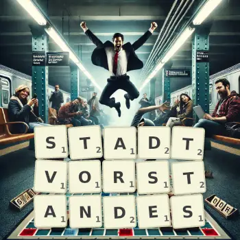 Kreative Illustration für ein Scrabble-Spiel, bei dem das Wort STADTVORSTANDES mit Steinen auf dem Brett gelegt wurde.