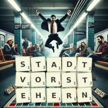 Kreative Illustration für ein Scrabble-Spiel, bei dem das Wort STADTVORSTEHERN mit Steinen auf dem Brett gelegt wurde.
