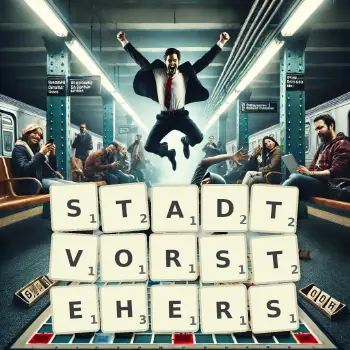 Kreative Illustration für ein Scrabble-Spiel, bei dem das Wort STADTVORSTEHERS mit Steinen auf dem Brett gelegt wurde.