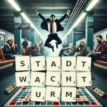 Kreative Illustration für ein Scrabble-Spiel, bei dem das Wort STADTWACHTURM mit Steinen auf dem Brett gelegt wurde.