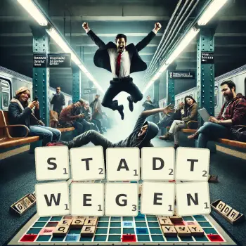 Kreative Illustration für ein Scrabble-Spiel, bei dem das Wort STADTWEGEN mit Steinen auf dem Brett gelegt wurde.