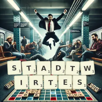 Kreative Illustration für ein Scrabble-Spiel, bei dem das Wort STADTWIRTES mit Steinen auf dem Brett gelegt wurde.