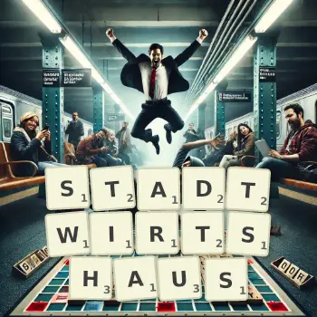 Kreative Illustration für ein Scrabble-Spiel, bei dem das Wort STADTWIRTSHAUS mit Steinen auf dem Brett gelegt wurde.