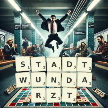 Kreative Illustration für ein Scrabble-Spiel, bei dem das Wort STADTWUNDARZT mit Steinen auf dem Brett gelegt wurde.