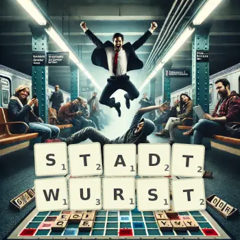 Kreative Illustration für ein Scrabble-Spiel, bei dem das Wort STADTWURST mit Steinen auf dem Brett gelegt wurde.