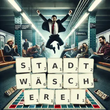 Kreative Illustration für ein Scrabble-Spiel, bei dem das Wort STADTWÄSCHEREI mit Steinen auf dem Brett gelegt wurde.