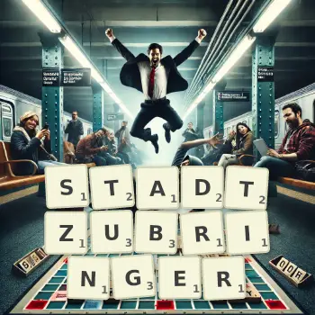 Kreative Illustration für ein Scrabble-Spiel, bei dem das Wort STADTZUBRINGER mit Steinen auf dem Brett gelegt wurde.