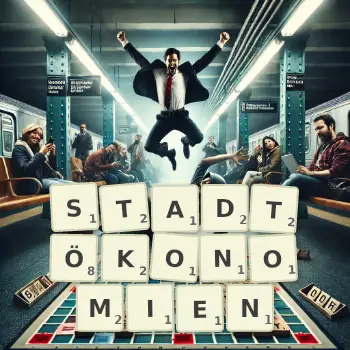 Kreative Illustration für ein Scrabble-Spiel, bei dem das Wort STADTÖKONOMIEN mit Steinen auf dem Brett gelegt wurde.