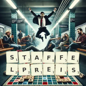 Kreative Illustration für ein Scrabble-Spiel, bei dem das Wort STAFFELPREIS mit Steinen auf dem Brett gelegt wurde.