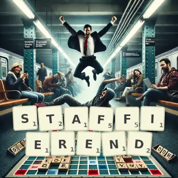 Kreative Illustration für ein Scrabble-Spiel, bei dem das Wort STAFFIEREND mit Steinen auf dem Brett gelegt wurde.