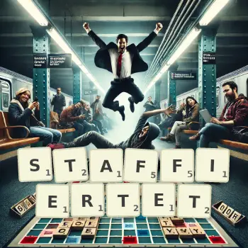 Kreative Illustration für ein Scrabble-Spiel, bei dem das Wort STAFFIERTET mit Steinen auf dem Brett gelegt wurde.