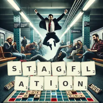 Kreative Illustration für ein Scrabble-Spiel, bei dem das Wort STAGFLATION mit Steinen auf dem Brett gelegt wurde.