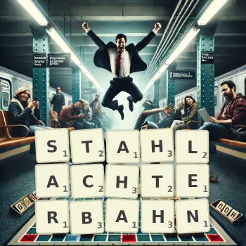 Kreative Illustration für ein Scrabble-Spiel, bei dem das Wort STAHLACHTERBAHN mit Steinen auf dem Brett gelegt wurde.