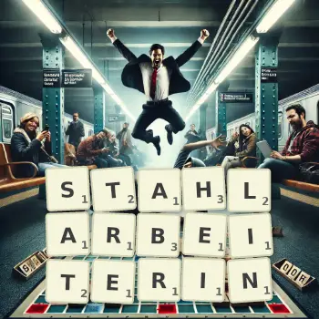 Kreative Illustration für ein Scrabble-Spiel, bei dem das Wort STAHLARBEITERIN mit Steinen auf dem Brett gelegt wurde.
