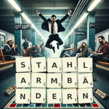 Kreative Illustration für ein Scrabble-Spiel, bei dem das Wort STAHLARMBÄNDERN mit Steinen auf dem Brett gelegt wurde.