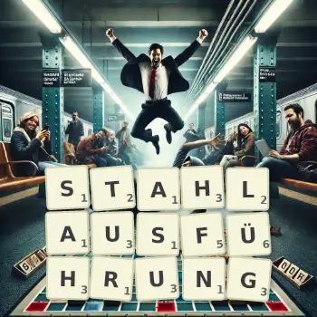Kreative Illustration für ein Scrabble-Spiel, bei dem das Wort STAHLAUSFÜHRUNG mit Steinen auf dem Brett gelegt wurde.