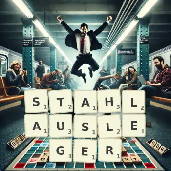 Kreative Illustration für ein Scrabble-Spiel, bei dem das Wort STAHLAUSLEGER mit Steinen auf dem Brett gelegt wurde.