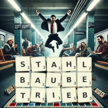 Kreative Illustration für ein Scrabble-Spiel, bei dem das Wort STAHLBAUBETRIEB mit Steinen auf dem Brett gelegt wurde.