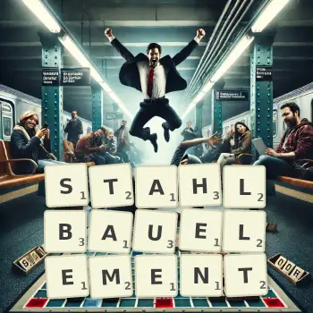Kreative Illustration für ein Scrabble-Spiel, bei dem das Wort STAHLBAUELEMENT mit Steinen auf dem Brett gelegt wurde.