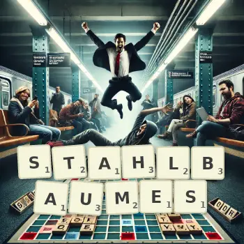 Kreative Illustration für ein Scrabble-Spiel, bei dem das Wort STAHLBAUMES mit Steinen auf dem Brett gelegt wurde.