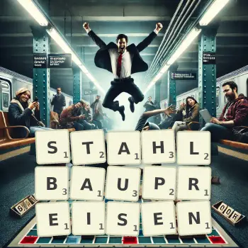 Kreative Illustration für ein Scrabble-Spiel, bei dem das Wort STAHLBAUPREISEN mit Steinen auf dem Brett gelegt wurde.