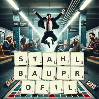 Kreative Illustration für ein Scrabble-Spiel, bei dem das Wort STAHLBAUPROFIL mit Steinen auf dem Brett gelegt wurde.