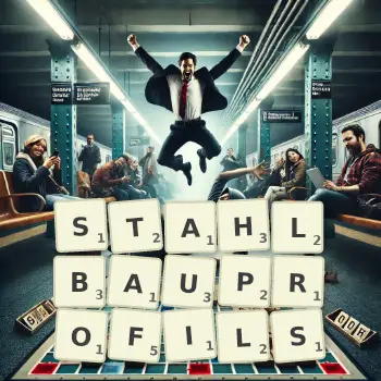 Kreative Illustration für ein Scrabble-Spiel, bei dem das Wort STAHLBAUPROFILS mit Steinen auf dem Brett gelegt wurde.