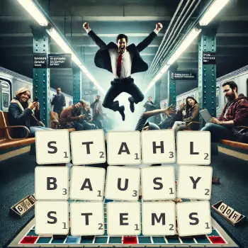 Kreative Illustration für ein Scrabble-Spiel, bei dem das Wort STAHLBAUSYSTEMS mit Steinen auf dem Brett gelegt wurde.