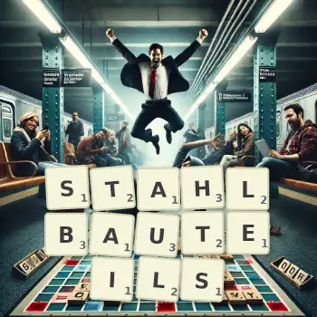 Kreative Illustration für ein Scrabble-Spiel, bei dem das Wort STAHLBAUTEILS mit Steinen auf dem Brett gelegt wurde.