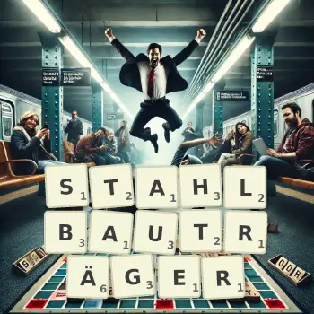 Kreative Illustration für ein Scrabble-Spiel, bei dem das Wort STAHLBAUTRÄGER mit Steinen auf dem Brett gelegt wurde.