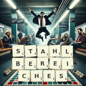 Kreative Illustration für ein Scrabble-Spiel, bei dem das Wort STAHLBEREICHES mit Steinen auf dem Brett gelegt wurde.