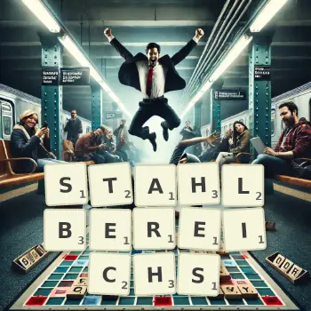 Kreative Illustration für ein Scrabble-Spiel, bei dem das Wort STAHLBEREICHS mit Steinen auf dem Brett gelegt wurde.