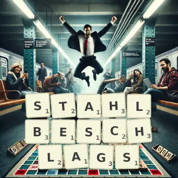 Kreative Illustration für ein Scrabble-Spiel, bei dem das Wort STAHLBESCHLAGS mit Steinen auf dem Brett gelegt wurde.