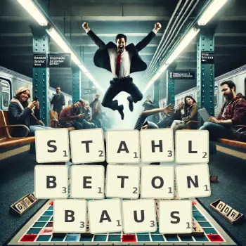Kreative Illustration für ein Scrabble-Spiel, bei dem das Wort STAHLBETONBAUS mit Steinen auf dem Brett gelegt wurde.