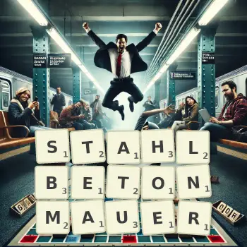 Kreative Illustration für ein Scrabble-Spiel, bei dem das Wort STAHLBETONMAUER mit Steinen auf dem Brett gelegt wurde.