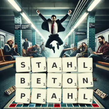 Kreative Illustration für ein Scrabble-Spiel, bei dem das Wort STAHLBETONPFAHL mit Steinen auf dem Brett gelegt wurde.