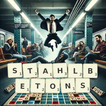 Kreative Illustration für ein Scrabble-Spiel, bei dem das Wort STAHLBETONS mit Steinen auf dem Brett gelegt wurde.