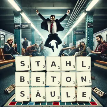 Kreative Illustration für ein Scrabble-Spiel, bei dem das Wort STAHLBETONSÄULE mit Steinen auf dem Brett gelegt wurde.