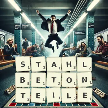 Kreative Illustration für ein Scrabble-Spiel, bei dem das Wort STAHLBETONTEILE mit Steinen auf dem Brett gelegt wurde.