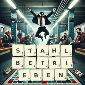 Kreative Illustration für ein Scrabble-Spiel, bei dem das Wort STAHLBETRIEBEN mit Steinen auf dem Brett gelegt wurde.