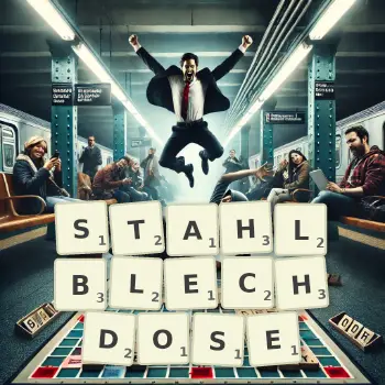 Kreative Illustration für ein Scrabble-Spiel, bei dem das Wort STAHLBLECHDOSE mit Steinen auf dem Brett gelegt wurde.