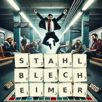 Kreative Illustration für ein Scrabble-Spiel, bei dem das Wort STAHLBLECHEIMER mit Steinen auf dem Brett gelegt wurde.