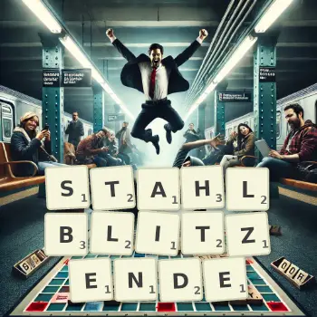 Kreative Illustration für ein Scrabble-Spiel, bei dem das Wort STAHLBLITZENDE mit Steinen auf dem Brett gelegt wurde.