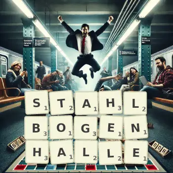 Kreative Illustration für ein Scrabble-Spiel, bei dem das Wort STAHLBOGENHALLE mit Steinen auf dem Brett gelegt wurde.