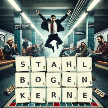 Kreative Illustration für ein Scrabble-Spiel, bei dem das Wort STAHLBOGENKERNE mit Steinen auf dem Brett gelegt wurde.
