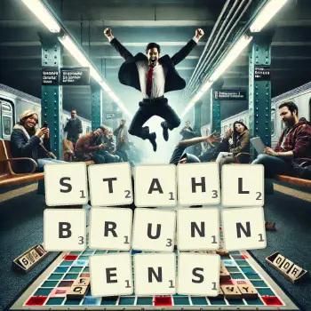 Kreative Illustration für ein Scrabble-Spiel, bei dem das Wort STAHLBRUNNENS mit Steinen auf dem Brett gelegt wurde.