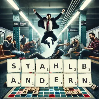 Kreative Illustration für ein Scrabble-Spiel, bei dem das Wort STAHLBÄNDERN mit Steinen auf dem Brett gelegt wurde.