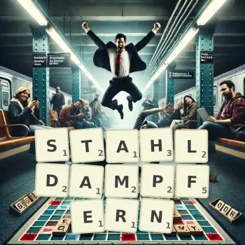 Kreative Illustration für ein Scrabble-Spiel, bei dem das Wort STAHLDAMPFERN mit Steinen auf dem Brett gelegt wurde.