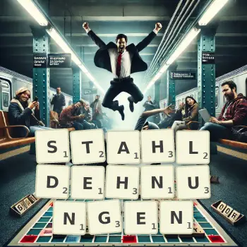 Kreative Illustration für ein Scrabble-Spiel, bei dem das Wort STAHLDEHNUNGEN mit Steinen auf dem Brett gelegt wurde.